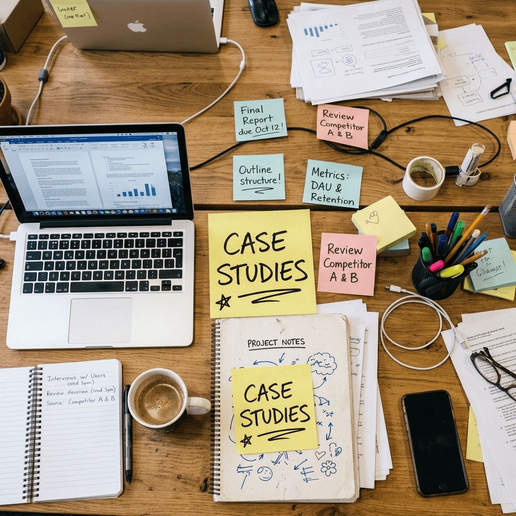 Desk with sticky notes about case study tasks, laptop, coffee cup, and office supplies