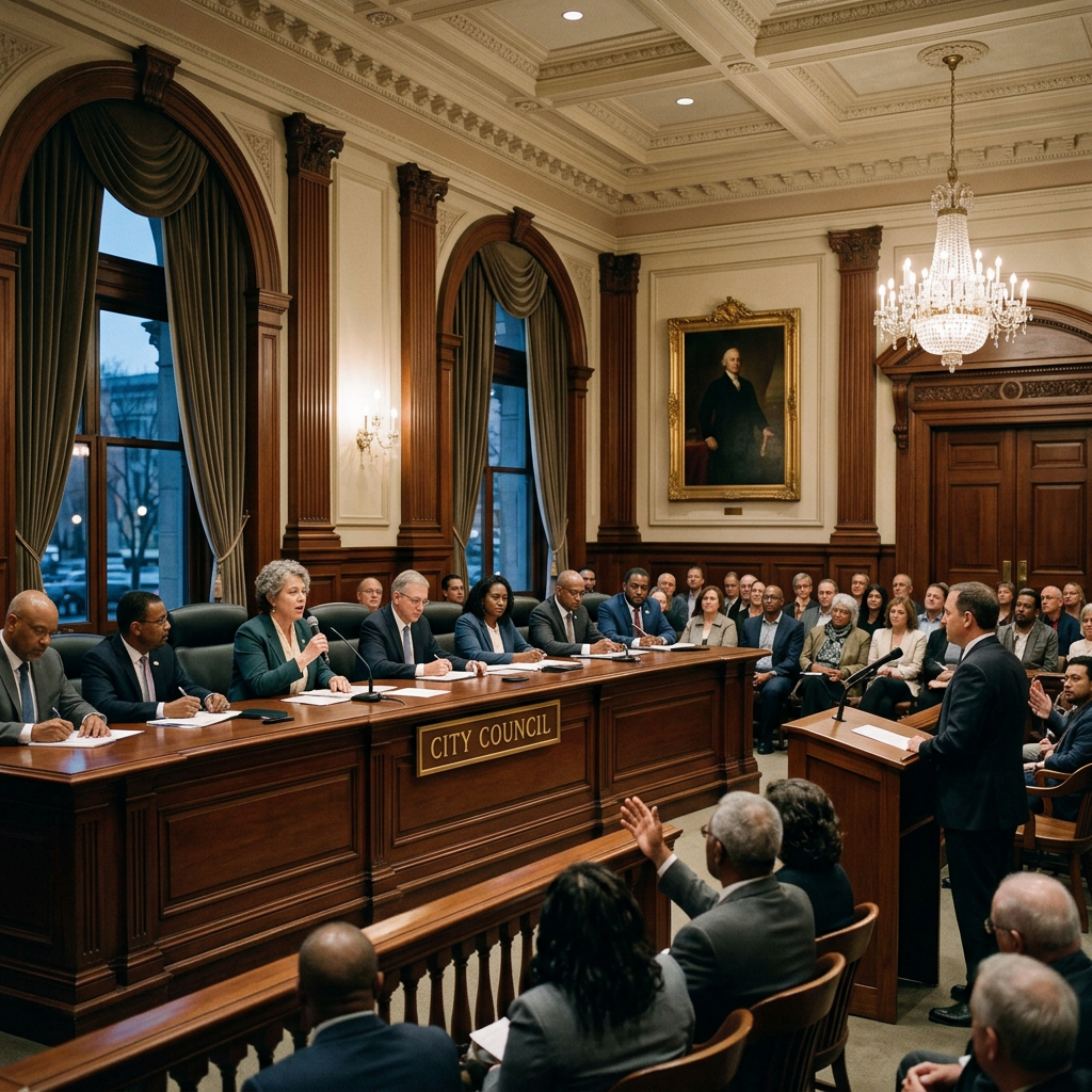 City council members seated at a long wooden bench with a speaker addressing them in a formal hearing room