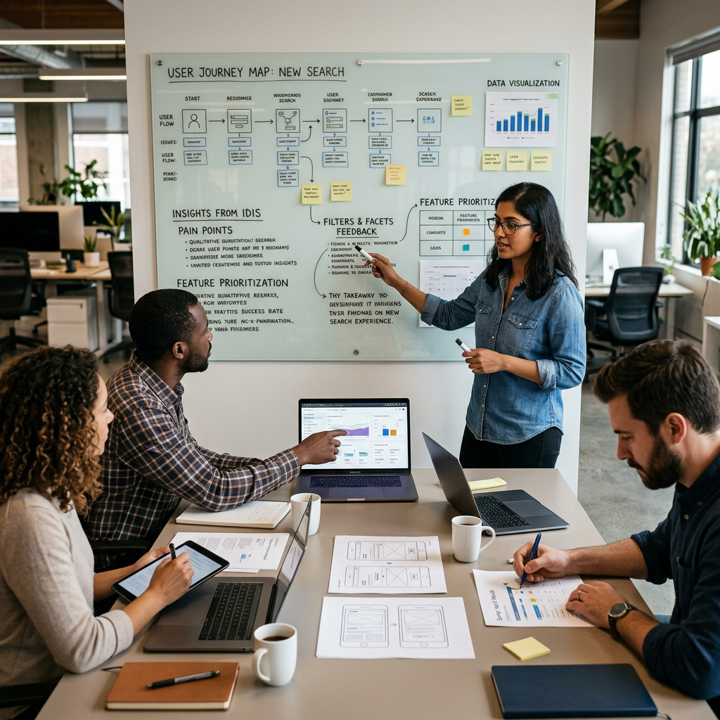 Four colleagues discussing user journey map and data visualizations during a meeting