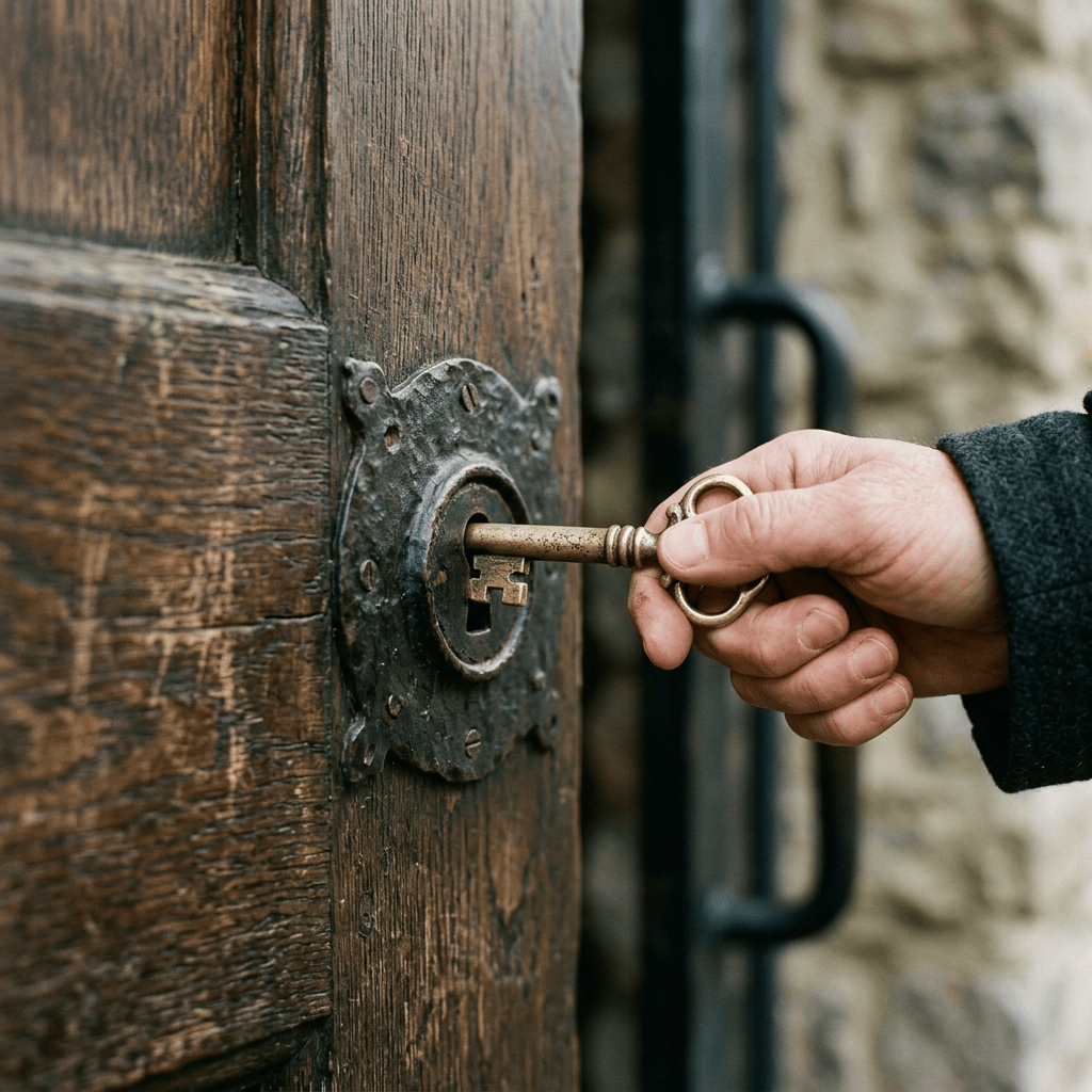Hand holding a vintage key unlocking an old wooden door