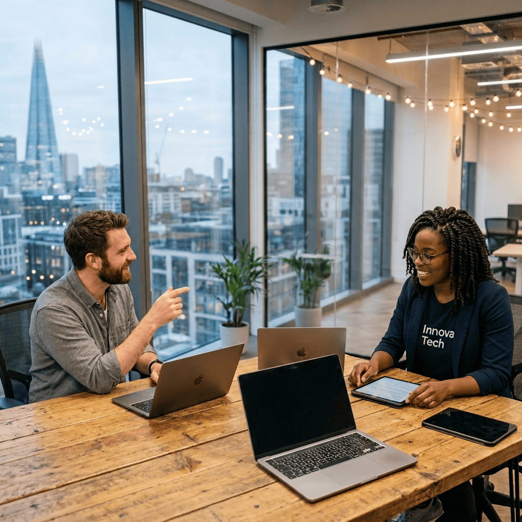 Three colleagues discussing project ideas around laptops and a whiteboard in an office