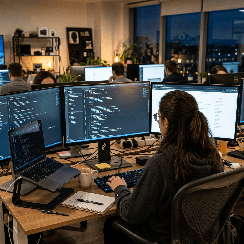 Person programming on multiple computer screens in an office at night