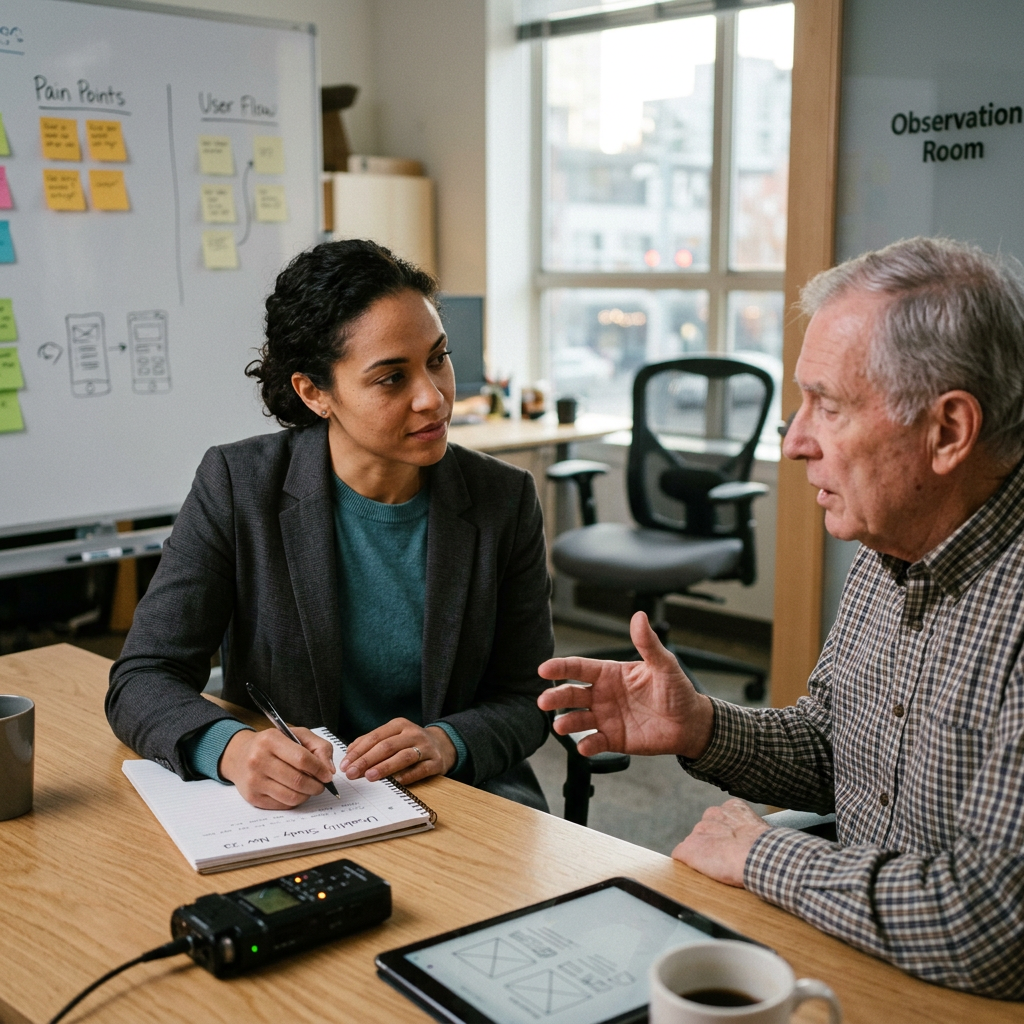 Researcher writing notes during a user interview session with an older man in an office