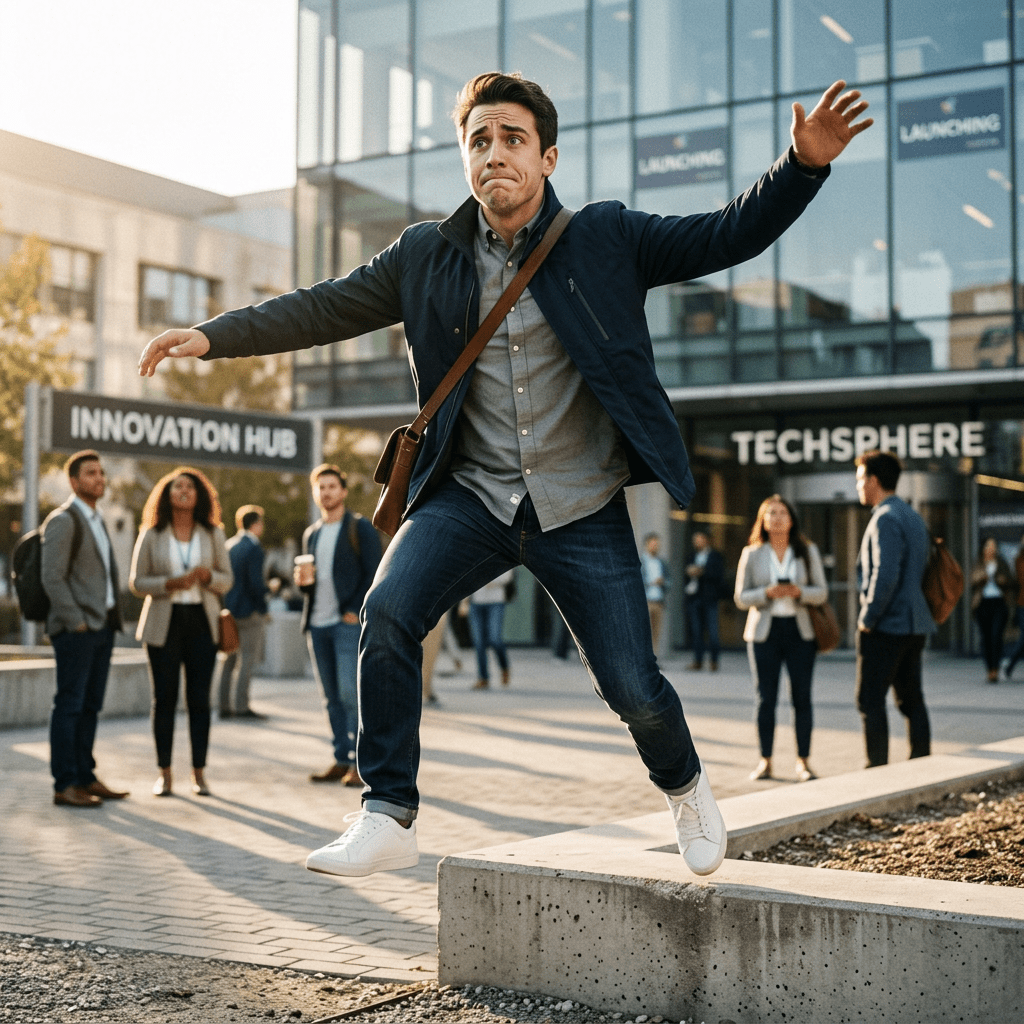 Man balancing on a concrete ledge outside Innovation Hub and Techsphere buildings