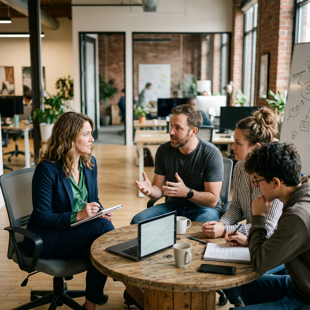 Woman interviewing startup team in focused discussion