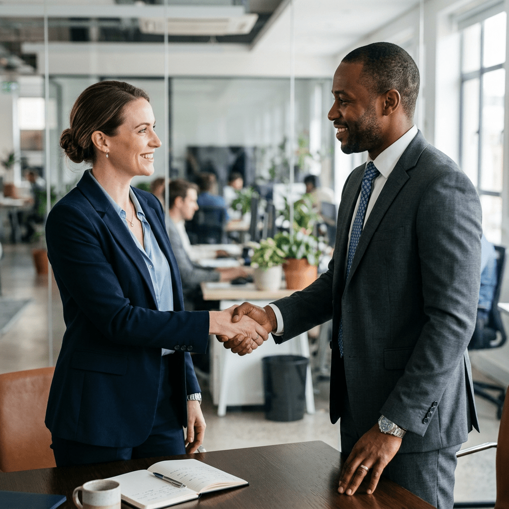 Handshake agreement between woman and colleague